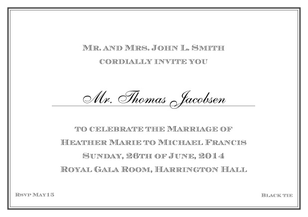 Online Classic invitation card with thin double frame and classic font - available in different colors. Black.