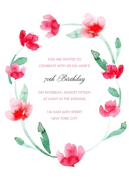 Online invitation with red flower wreath for 70th birthday.