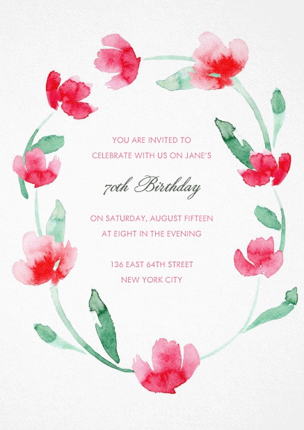 Invitation with red flower wreath for 70th birthday.