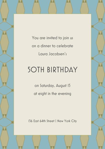 Online invitation for 50th birthday with patterned frame and text in the middle.