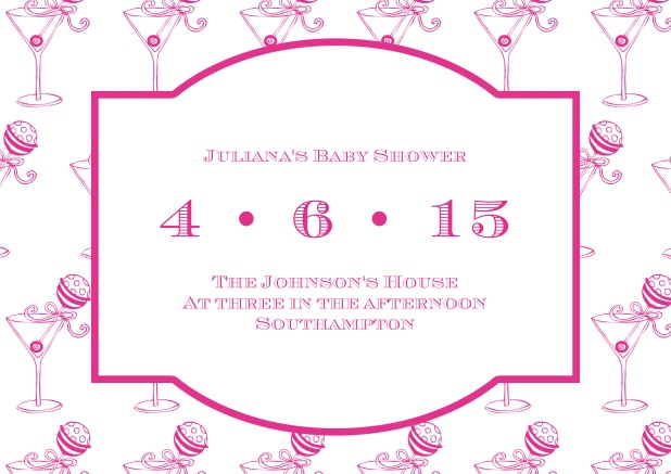 Online invitation with pink Martini glasses and pink framed text field in the middle.