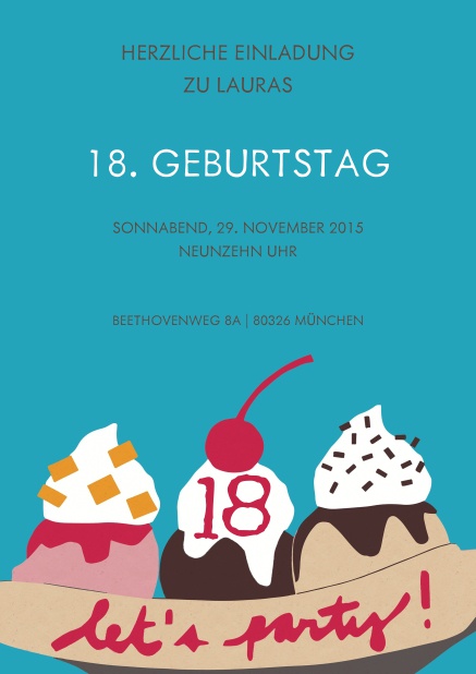 Online Einladung mit Eiscreme und Kirsche zum 18. Geburtstag.