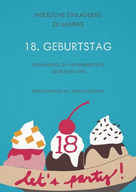 Einladung mit Eiscreme und Kirsche zum 18. Geburtstag.