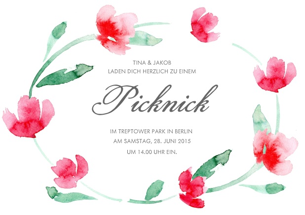 Online Einladungskarte mit Blumenkranz und veränderbarem Text.