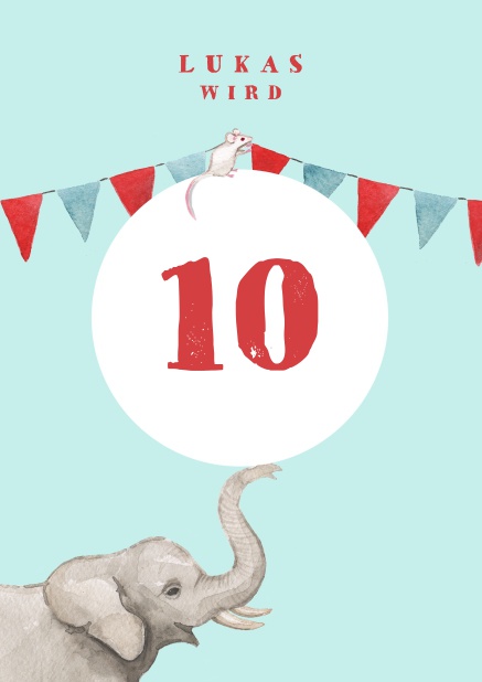 Online Einladung zum 10. Geburtstag mit Elefant und Girlande.