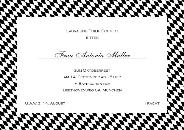 Online Einladungskarte mit bayerischen Rautenflaggen in verschiedenen Farben. Schwarz.