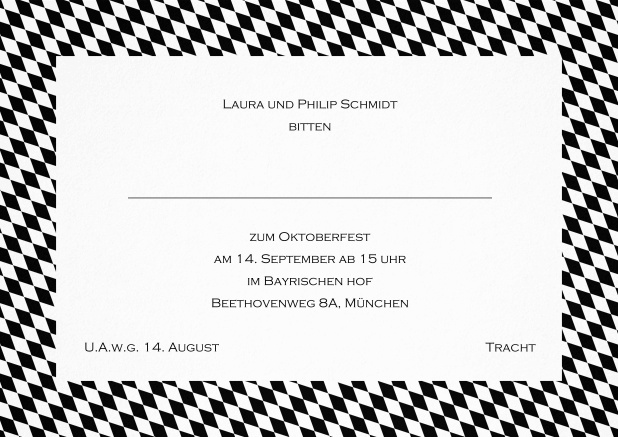 Einladungskarte mit bayerischen Rautenflaggen für Trachteinladungen. Schwarz.