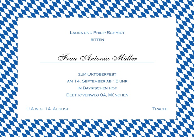 Online Einladungskarte mit bayerischen Rautenflaggen in verschiedenen Farben. Blau.
