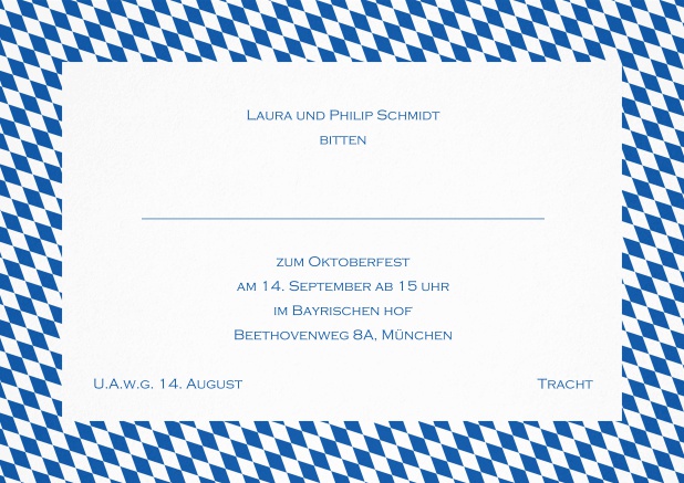 Einladungskarte mit bayerischen Rautenflaggen für Trachteinladungen. Blau.