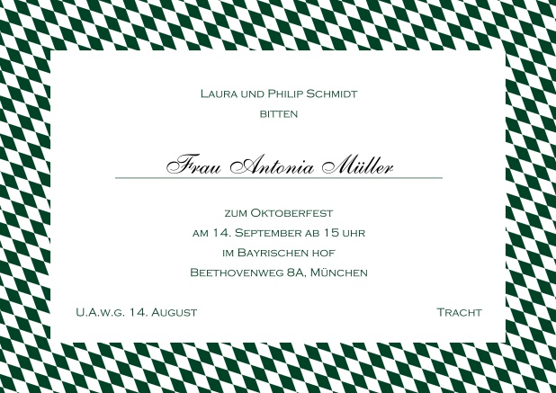 Online Einladungskarte mit bayerischen Rautenflaggen in verschiedenen Farben. Grün.