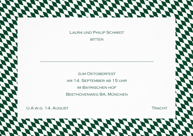 Einladungskarte mit bayerischen Rautenflaggen für Trachteinladungen. Grün.