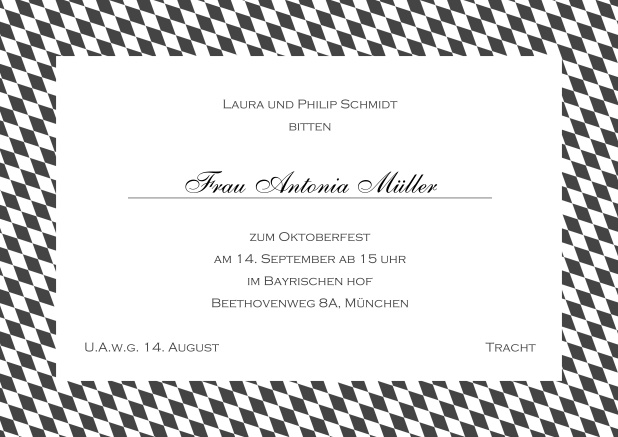 Online Einladungskarte mit bayerischen Rautenflaggen in verschiedenen Farben. Grau.