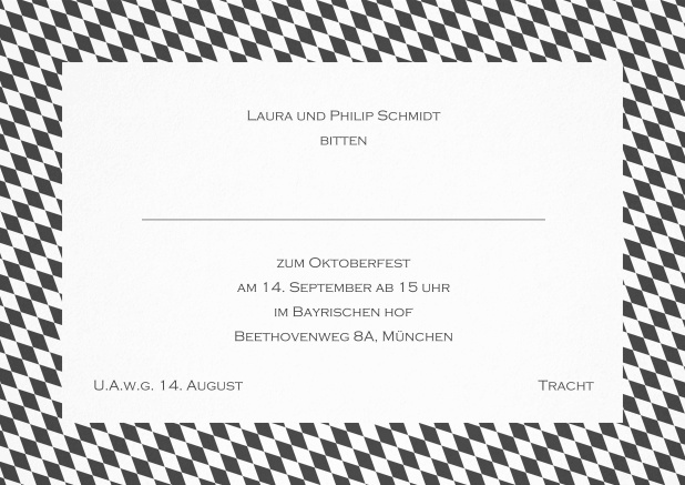 Einladungskarte mit bayerischen Rautenflaggen für Trachteinladungen. Grau.