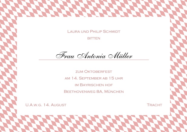 Online Einladungskarte mit bayerischen Rautenflaggen in verschiedenen Farben. Rosa.