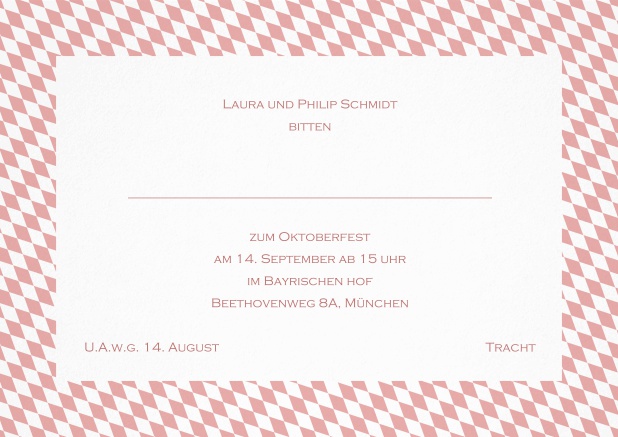 Einladungskarte mit bayerischen Rautenflaggen für Trachteinladungen. Rosa.