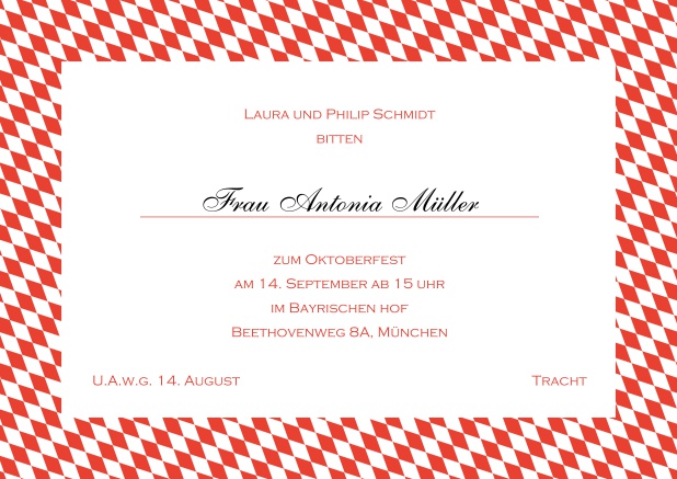 Online Einladungskarte mit bayerischen Rautenflaggen in verschiedenen Farben. Rot.
