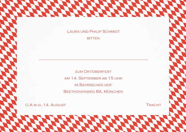 Einladungskarte mit bayerischen Rautenflaggen für Trachteinladungen. Rot.