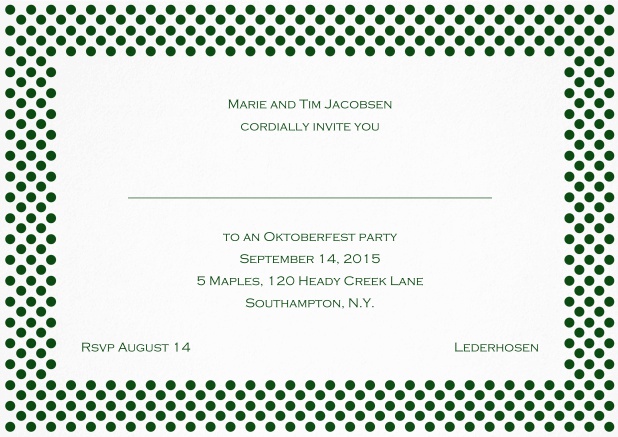 Classic landscape invitation card with small poka dotted frame and editable text. Green.