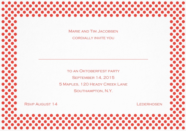 Classic landscape invitation card with small poka dotted frame and editable text. Red.