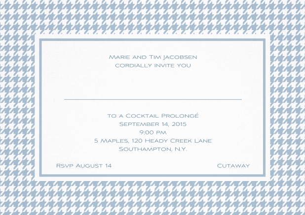 Classic landscape invitation card with modern bavarian frame, editable text and line for personal addressing. Blue.