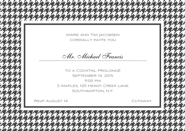 Classic landscape online invitation card with modern bavarian frame, editable text and line for personal addressing. Grey.