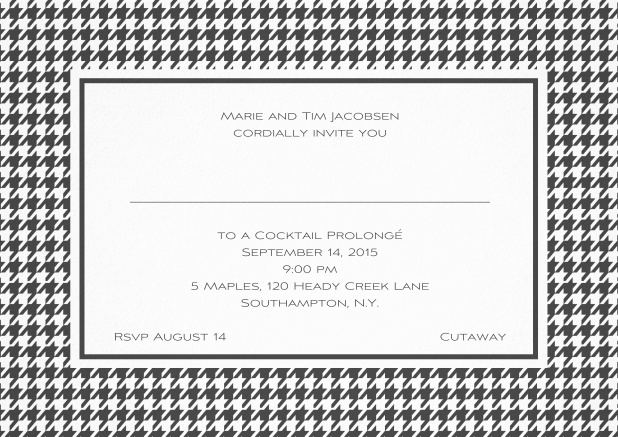 Classic landscape invitation card with modern bavarian frame, editable text and line for personal addressing. Grey.
