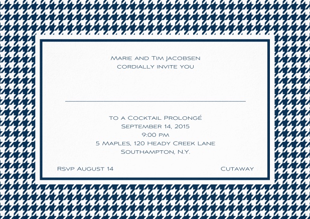 Classic landscape invitation card with modern bavarian frame, editable text and line for personal addressing. Navy.