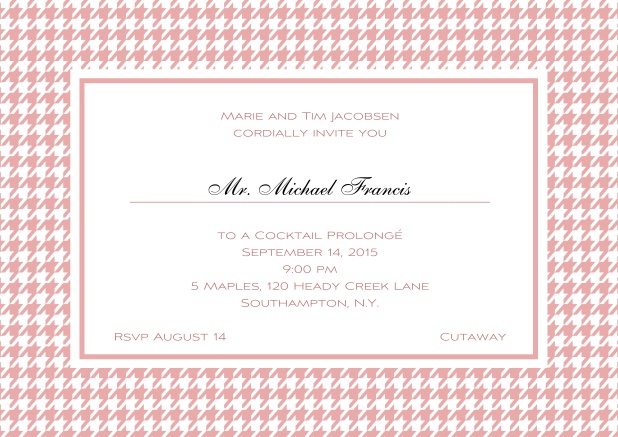 Classic landscape online invitation card with modern bavarian frame, editable text and line for personal addressing. Pink.