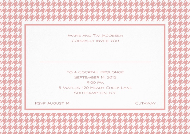 Classic landscape invitation card with modern bavarian frame, editable text and line for personal addressing. Pink.