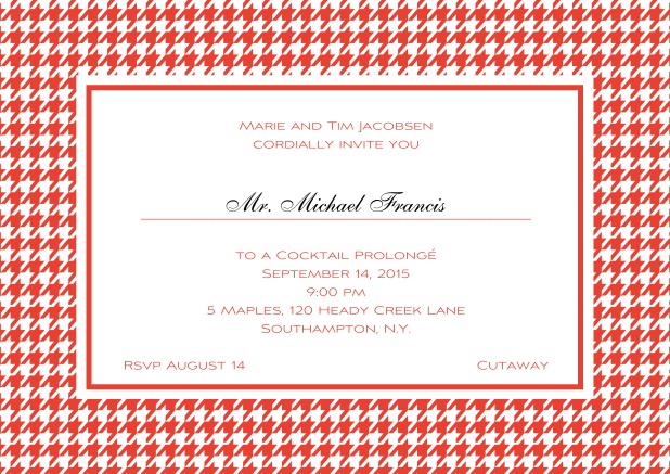 Classic landscape online invitation card with modern bavarian frame, editable text and line for personal addressing. Red.