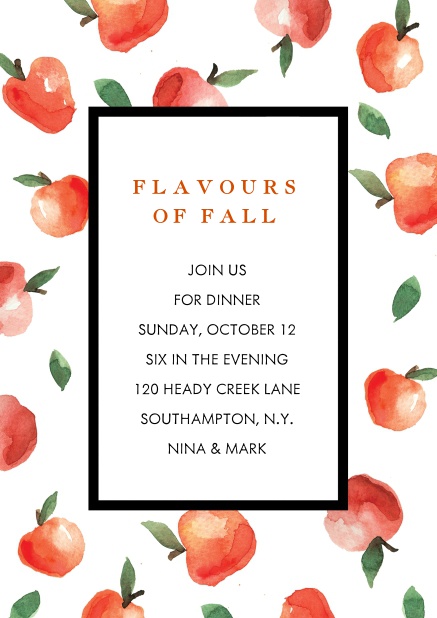 Online Fall style Dinner invitation card with apples and black frame.