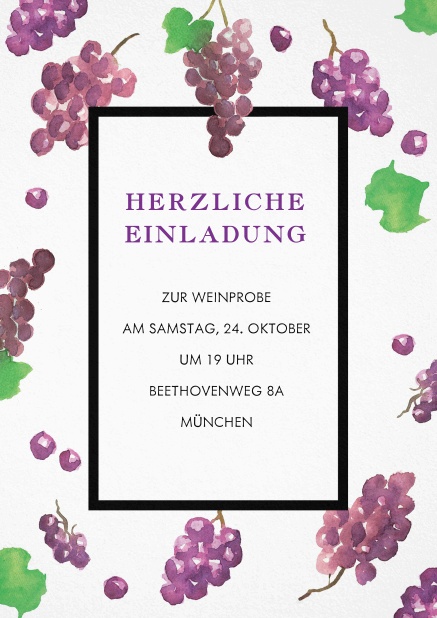 Herbstliche Einladungskarte zur Weinprobe mit brombeerfarbenen Rotweintrauben.