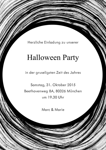 Online Einladungskarte zu einer Halloweenparty in schwarz-weiß.