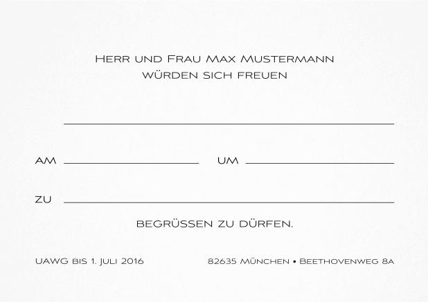Klassische Einladungskarte zum Vordrucken und später mit der Hand ausfüllen. Schwarz.