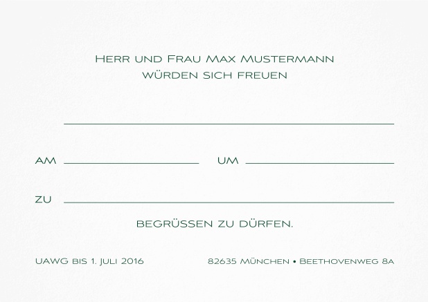Klassische Einladungskarte zum Vordrucken und später mit der Hand ausfüllen. Grün.