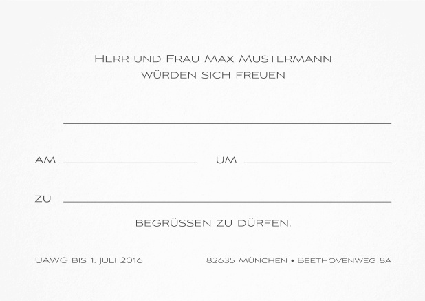 Klassische Einladungskarte zum Vordrucken und später mit der Hand ausfüllen. Grau.