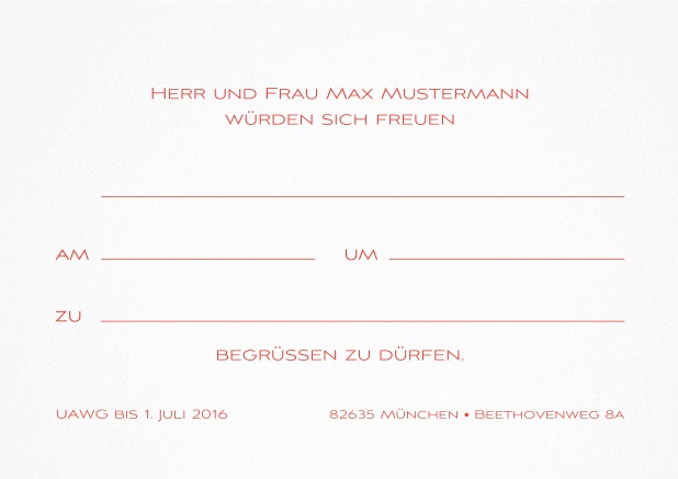 Klassische Einladungskarte zum Vordrucken und später mit der Hand ausfüllen. Rot.
