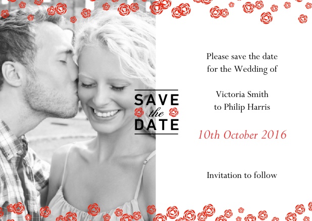 Online Save the Date Karte mit Foto und roten Blumen über dem Fotofeld.