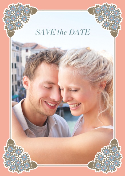 Online Hochzeits save the date mit Fotofeld und Jugendstil Blumenornamenten. Rosa.