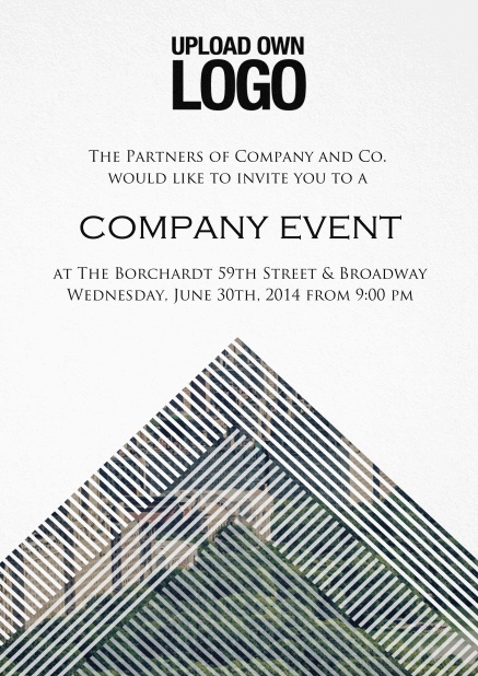 Weiße Einladungskarte für Firmenevents mit Fotofeld hinter einem Dreickdesign, Logo-Option und Textfeld.