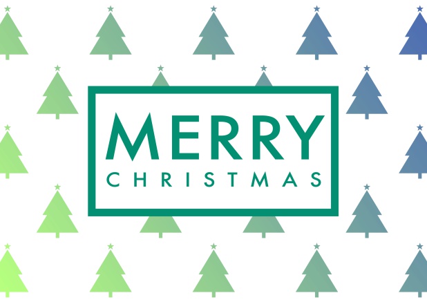 Online Firmenweihnachtskarte mit Weihnachtsbäumen mit grün blau Gradierung.