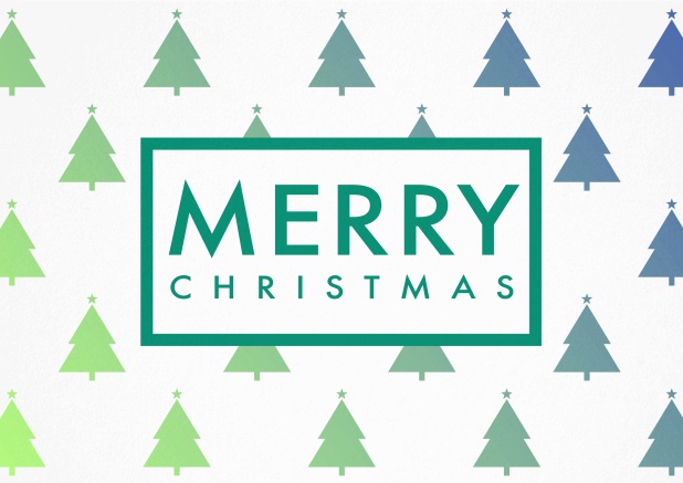 Firmenweihnachtskarte mit grünen Weihnachtsbäumen.