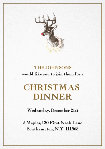 Einladungskarte zur Weihnachtsfeier mit Rudolf, dem Renntier mit roter Nase. Braun.
