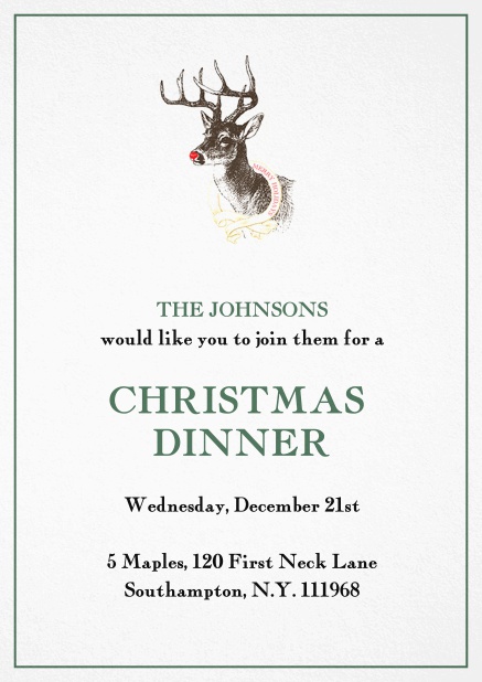 Einladungskarte zur Weihnachtsfeier mit Rudolf, dem Renntier mit roter Nase. Grün.