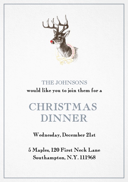 Einladungskarte zur Weihnachtsfeier mit Rudolf, dem Renntier mit roter Nase. Grau.