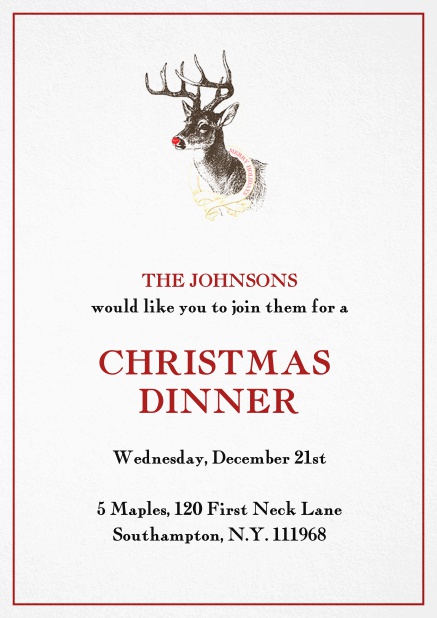 Einladungskarte zur Weihnachtsfeier mit Rudolf, dem Renntier mit roter Nase. Rot.