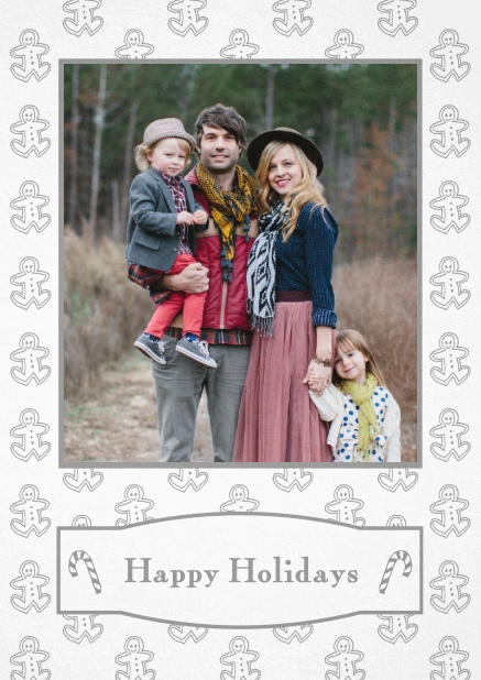 Christmas card with large photo field surrounded by cinnomom cookies. Grey.
