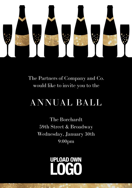 Online Cocktail invitation card design with wine glasses and bottles. Black.