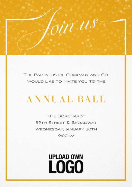 Cocktail invitation card with integrated Join us into the elegant frame. Yellow.