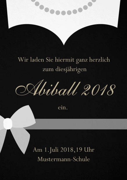 Abiball 2018 Einladungskarte gestaltet als Kleid mit Halskette. Schwarz.